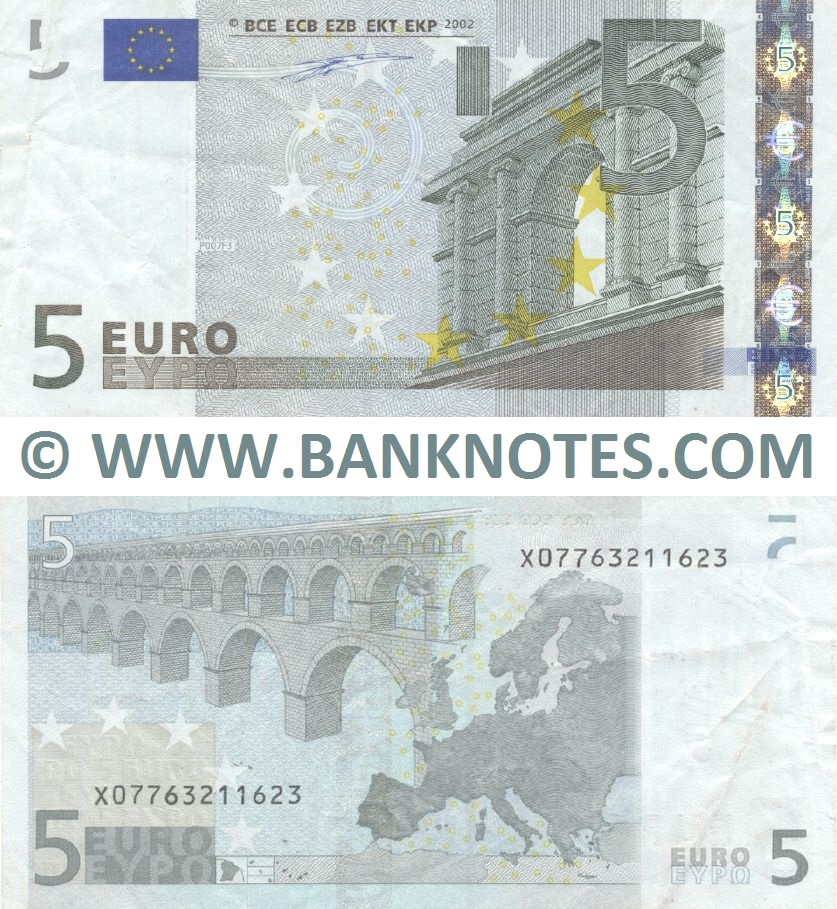 European Union: Germany 5 Euro 2002 (X07763211623) (circulated, 1cm tear) aVF