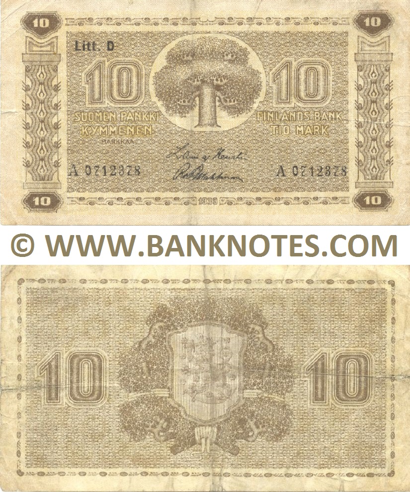 Finland 10 Markkaa 1939 (A0712378 / Litt. D) (circulated) F-VF