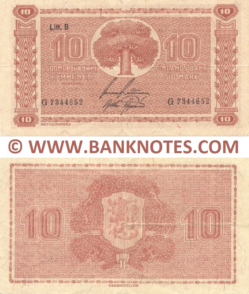 Finland 10 Markkaa 1945 (G7344652 / Litt.B) (ch) (circulated) VF-XF