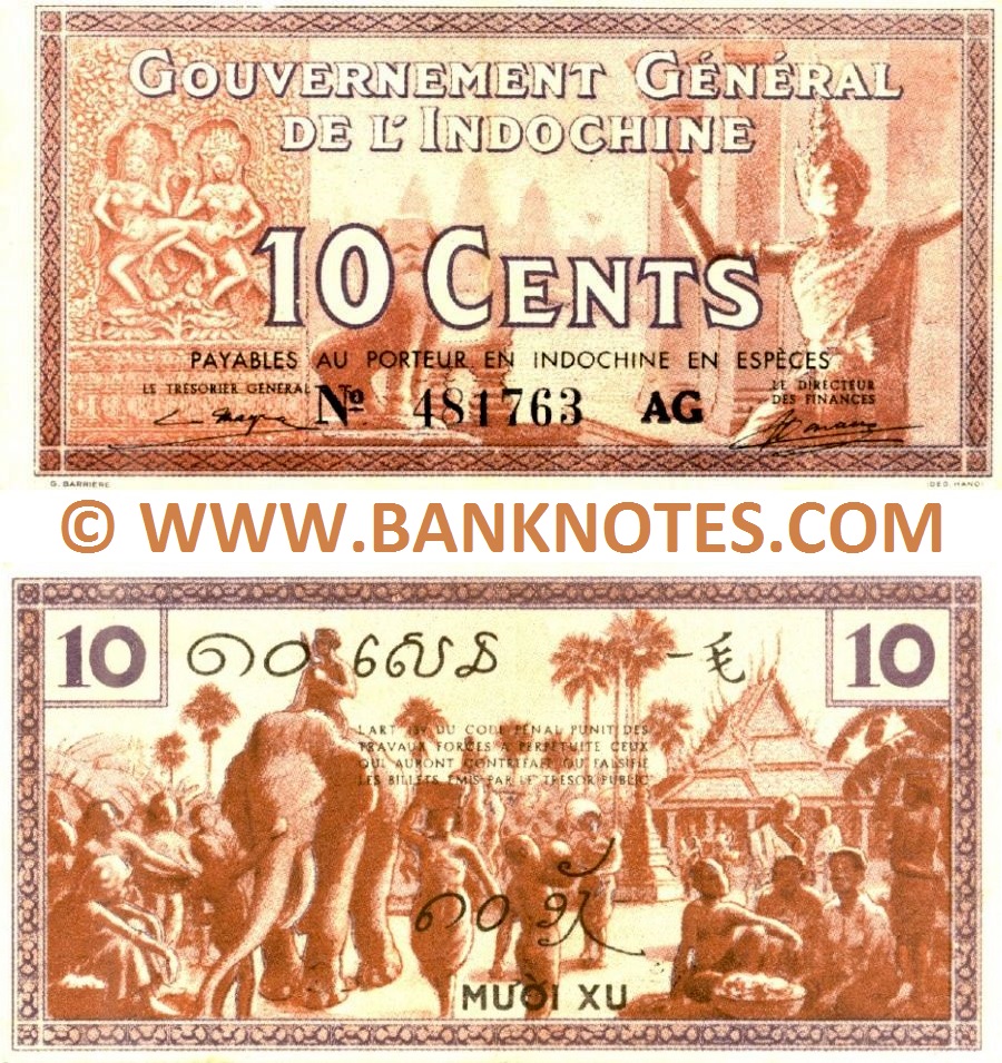 French Indo-China 10 Cents (1939) (Nº 481763 AG) (lt. circulated) XF