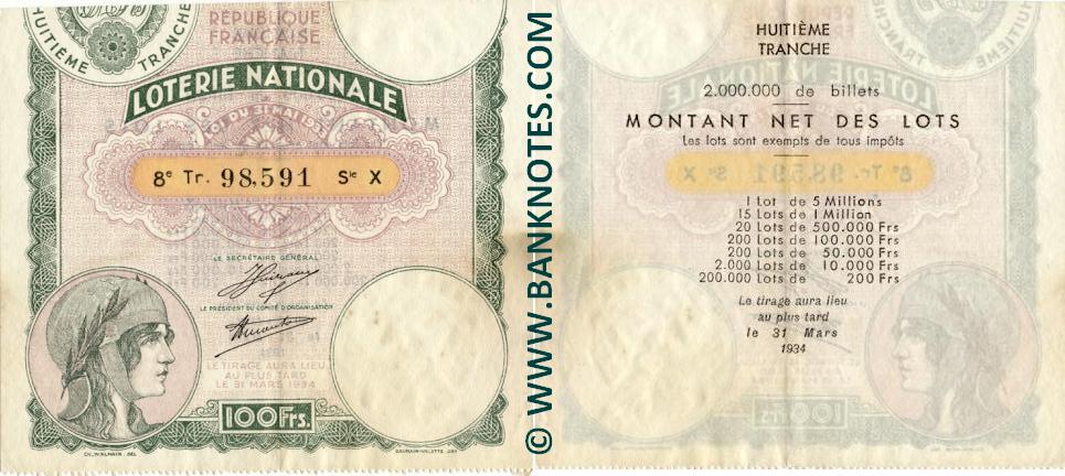 France 100 Francs 1934 National Lottery Ticket (X 98,591) XF+
