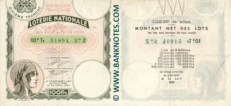 France 100 Francs 1934 National Lottery Ticket (Z 51894) VF-XF