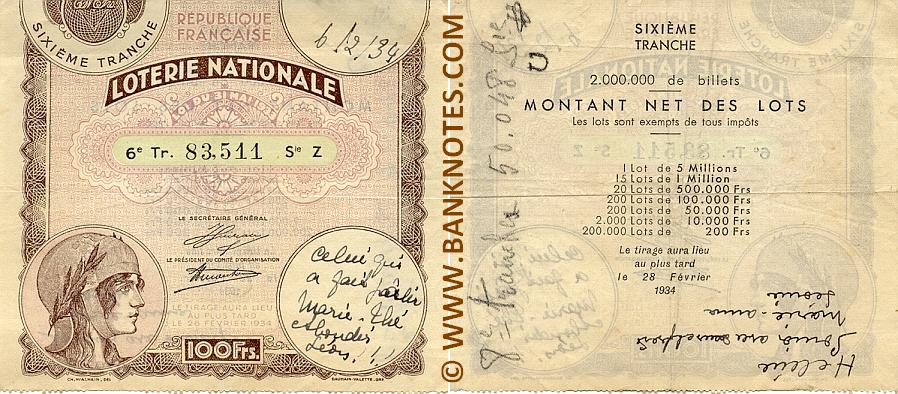 France 100 Francs 28.2.1934 National Lottery Ticket (Z 83,511) VF