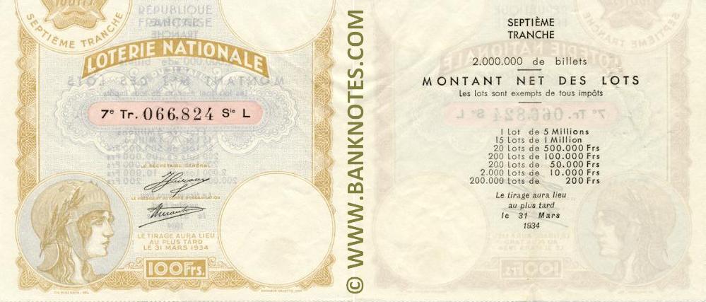 France 100 Francs 1934 National Lottery Ticket (L 066,824) XF+