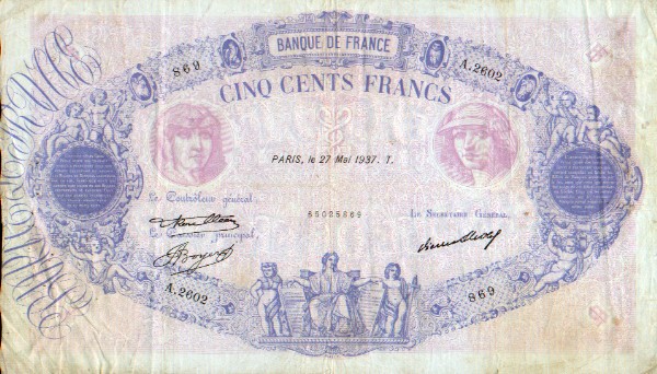 France 500 Francs 1937 (A.2602/65025869) (circulated) F-VF