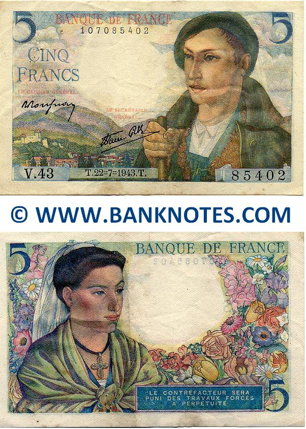 France 5 Francs 5.4.1945 (Y.131/327203802) (circulated, 1 cm edge tear) F-VF
