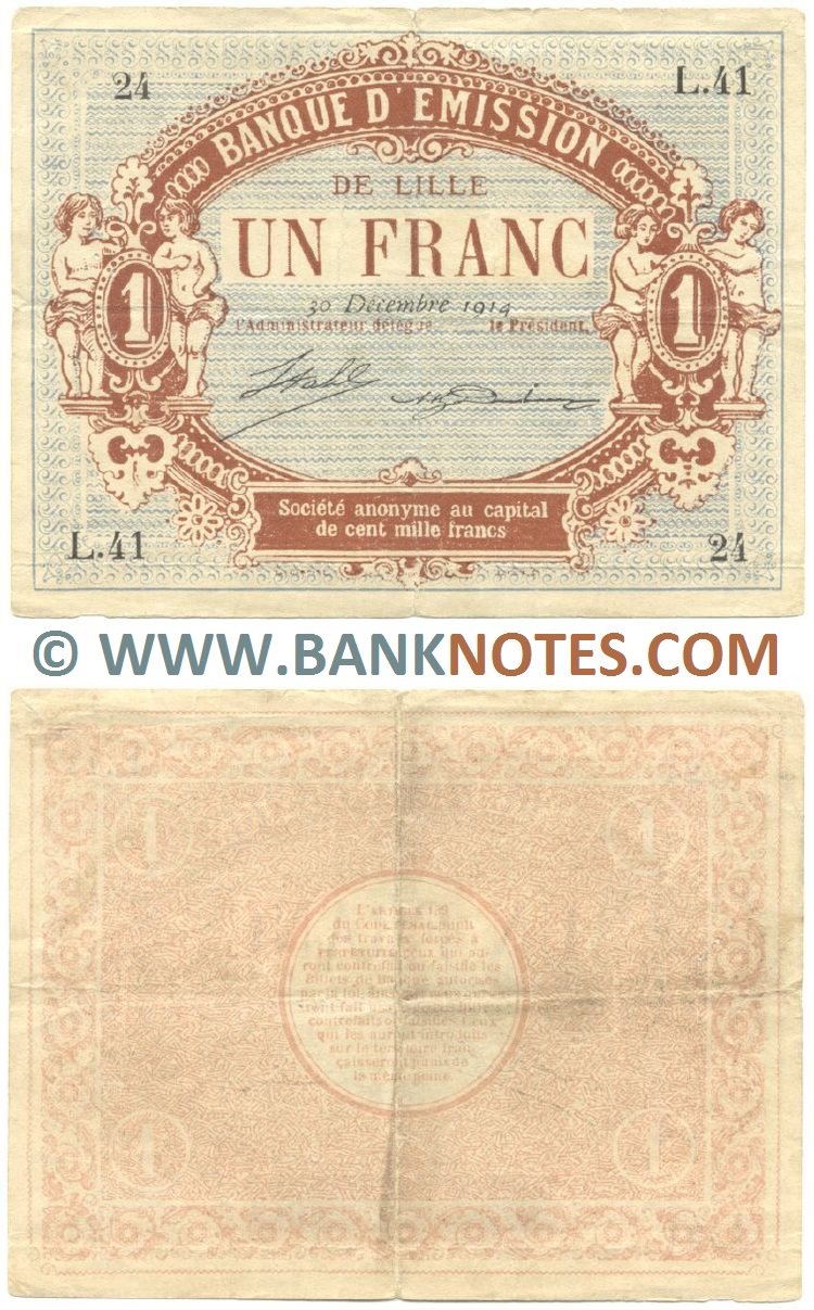 France 1 Franc 1914 (Banque d'Emission de Lille) (L.41/24) (circulated) F-VF