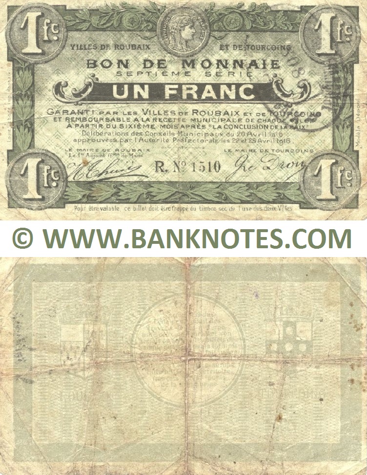 France 1 Franc 1916 (Villes de Roubaix et de Tourcoing) (R.Nº1510) (circulated) Fine