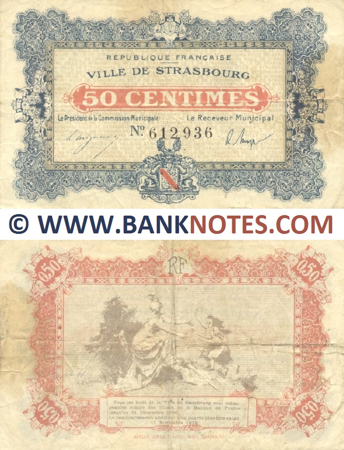 France 50 Centimes 1918 (Ville de Strasbourg) (Nº612,936) (circulated) aVF