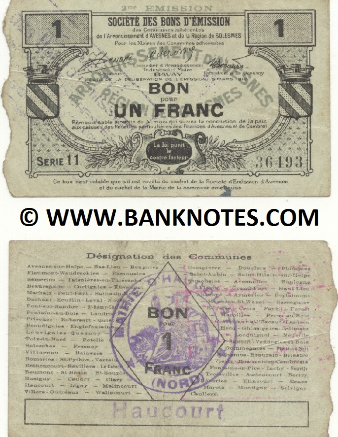 France 1 Franc 1916 (Avesnes et de Solesmes) (11/36493) (circulated) VF+