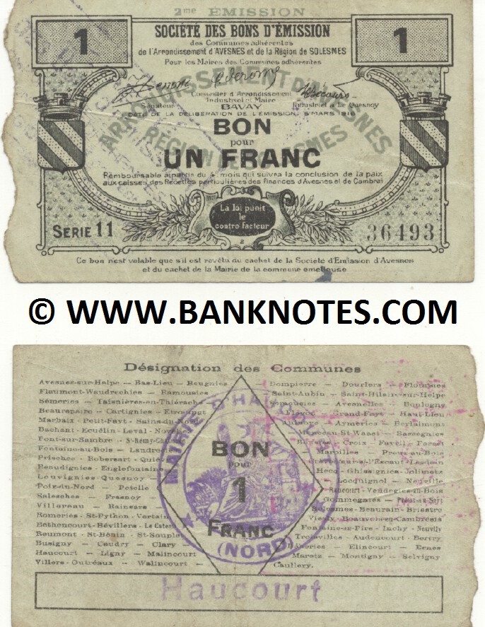 France 1 Franc 1916 (Avesnes et de Solesmes) (1/29781) (circulated) VF+