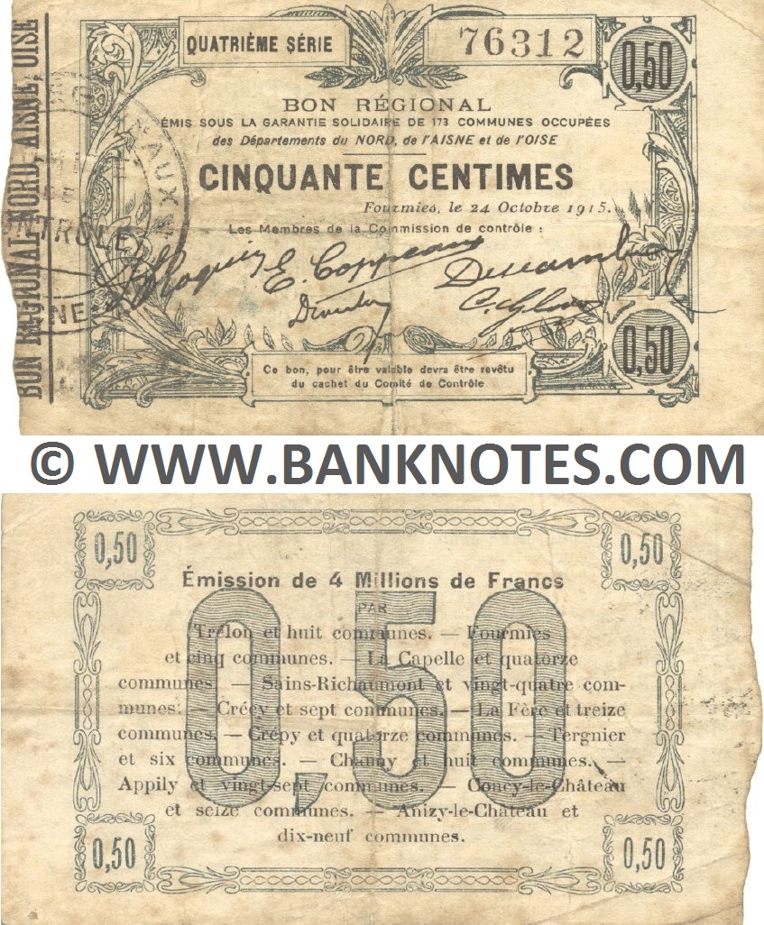 France 50 Centimes 1915 (Nord, Aisne & Oise) (4/76312) (circulated) VF+