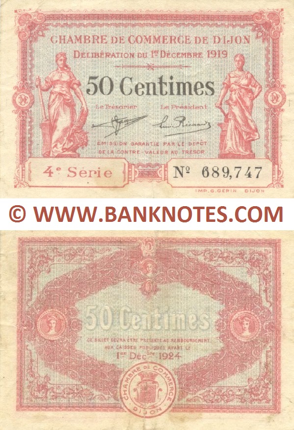 France 50 Centimes 1919 (CC de Dijon) (Nº4/689,747) (circulated) VF+