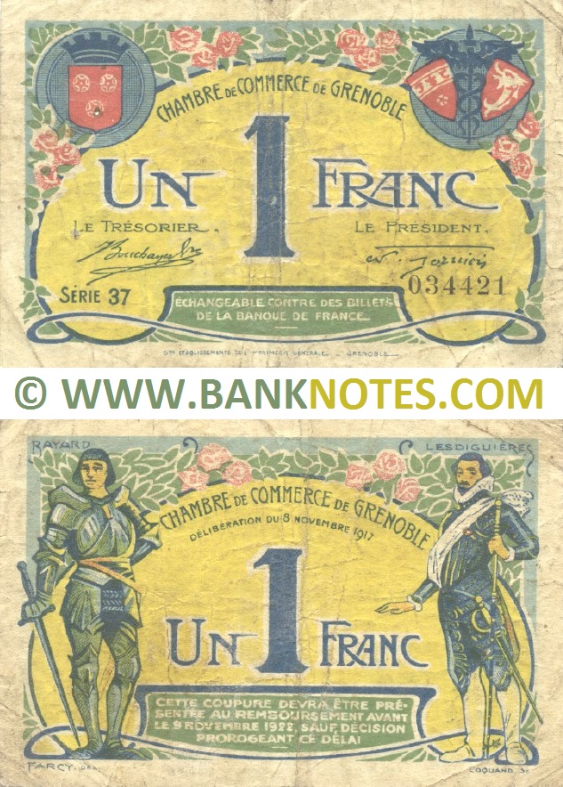France 1 Franc 1917—1922 (CC de Grenoble) (Nº37/004421) (circulated) F-VF