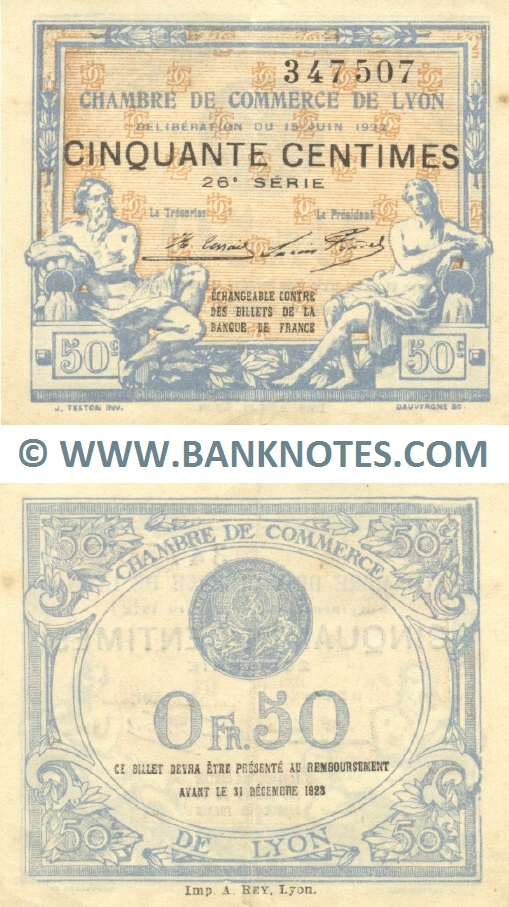 France 50 Centimes 1922 (CC de Lyon) (Nº26/347507) (circulated) VF-XF
