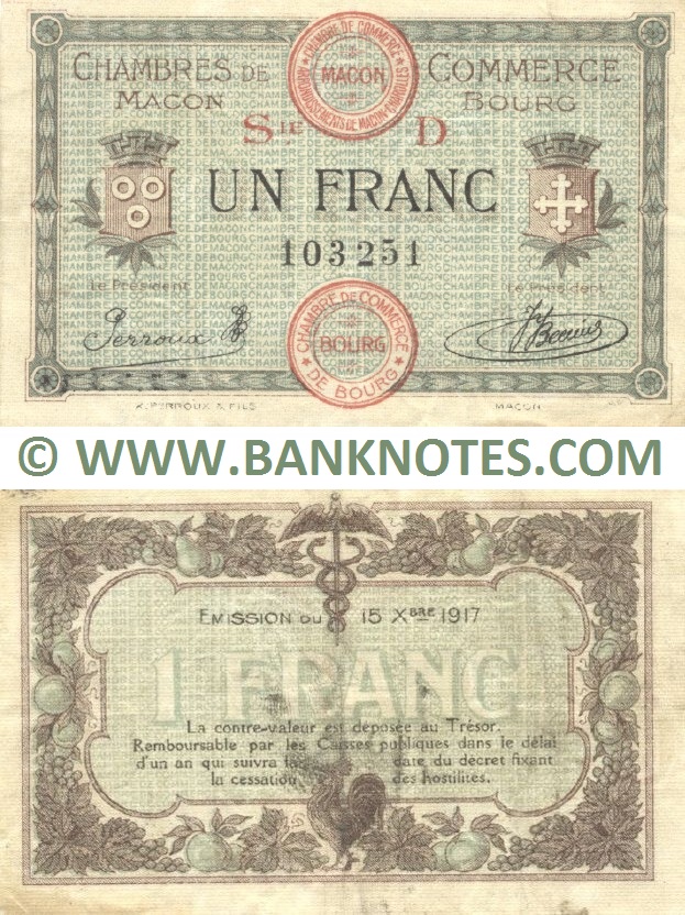 France 1 Franc 1917 (CC de Macon & Bourg) (NºD/103251) (circulated) VF+