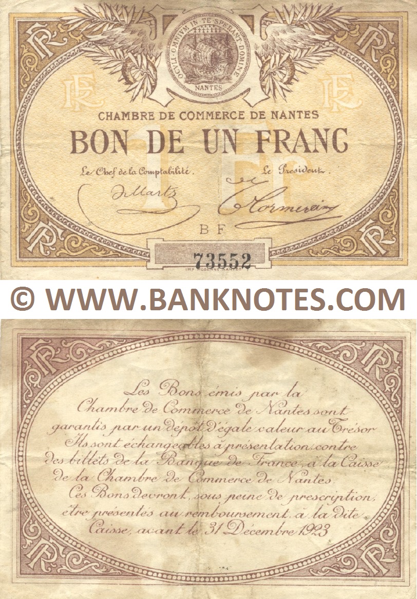 France 1 Franc 1918—1923 (CC de Nantes) (Nº BF/73552) (circulated) aVF