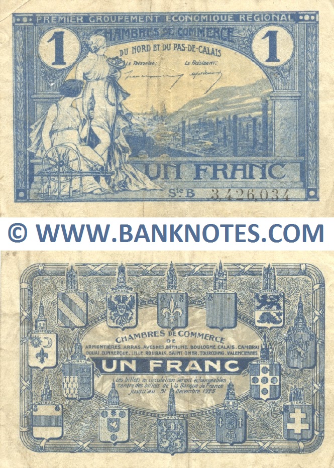 France 1 Franc 1918—1925 (CC du Nord et du Pas-de-Calais) (Nº B/3,426,034) (circulated) VF