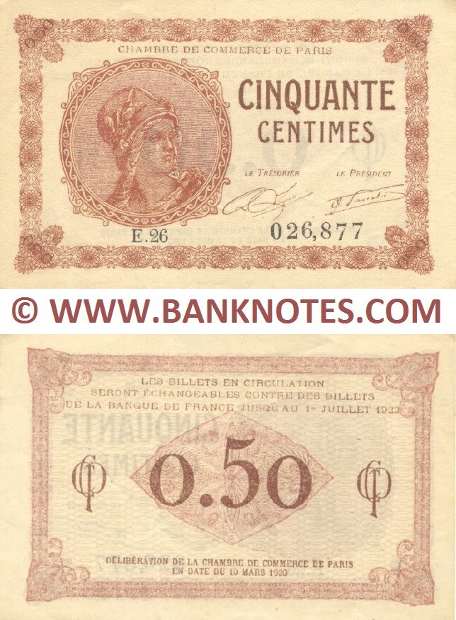 France 50 Centimes 1920—1922 (CC de Paris) (Nº E.26/026,877) (lt. circulated) XF+