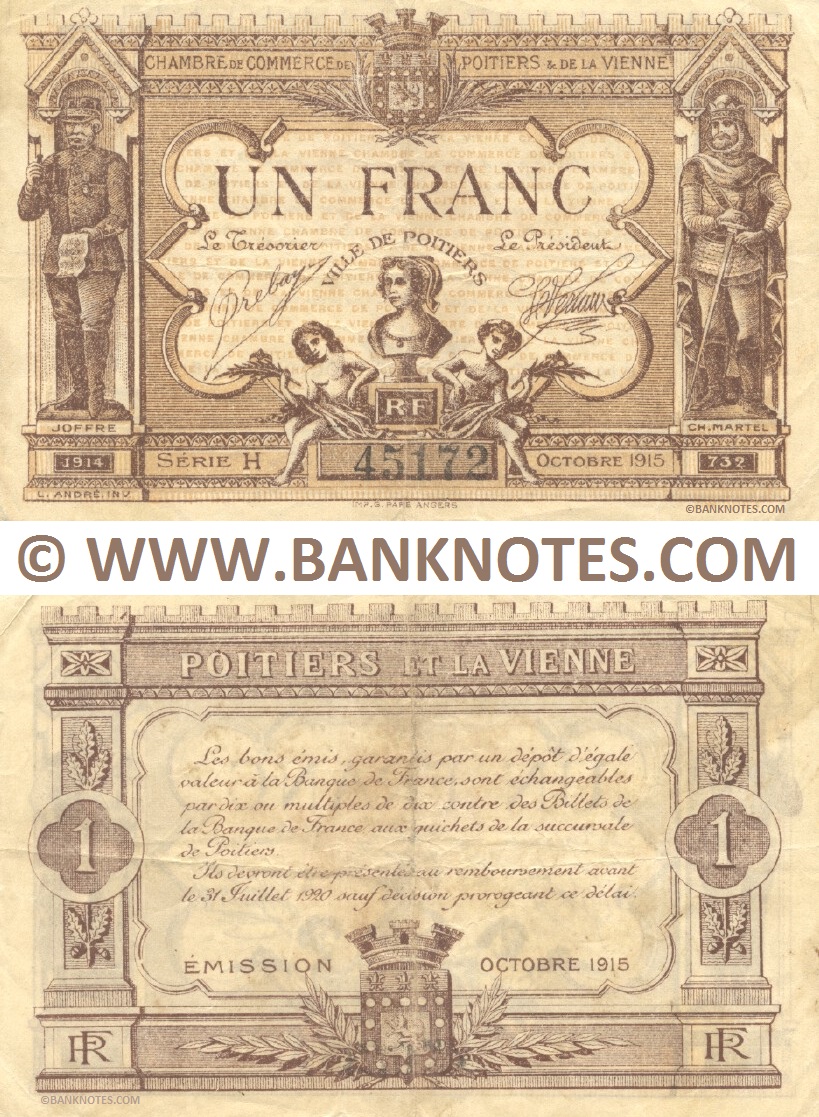 France 1 Franc 1915 (CC de Poitiers et de la Vienne) (Nº H/45172) (circulated) VF