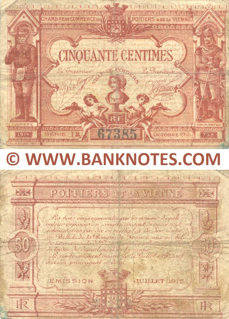 France 50 Centimes 1917 (CC de Poitiers et de la Vienne) (Nº I2/67385) (circulated) Fine