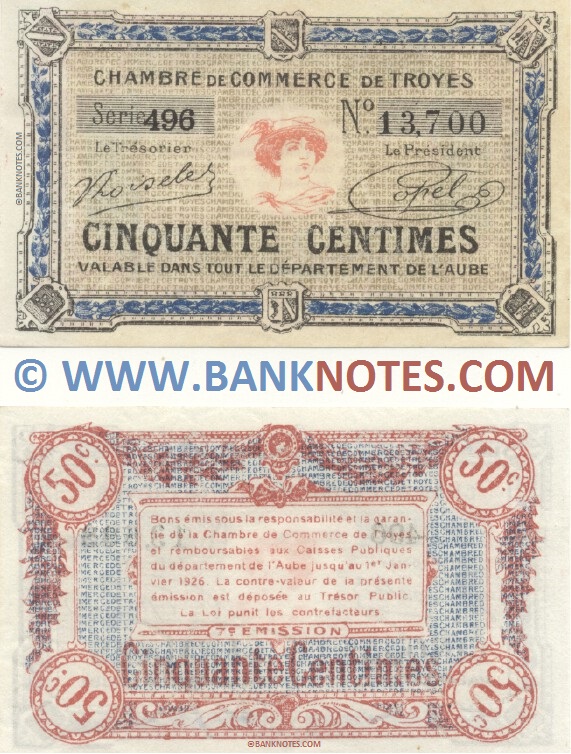 France 50 Centimes 1918 (Chambre de Commerce de Troyes) (Serie 496/Nº13,xxx) UNC