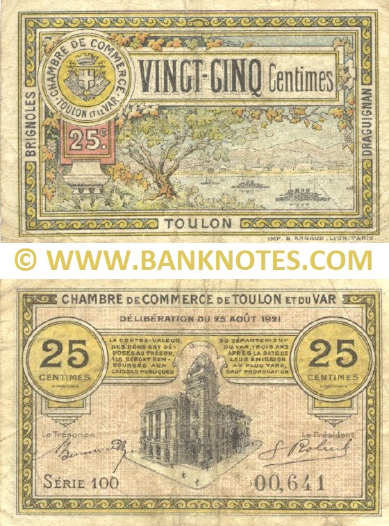 France 25 Centimes 1921 (CC Toulon et le Var) (Nº 100/00,641) (circulated) F-VF