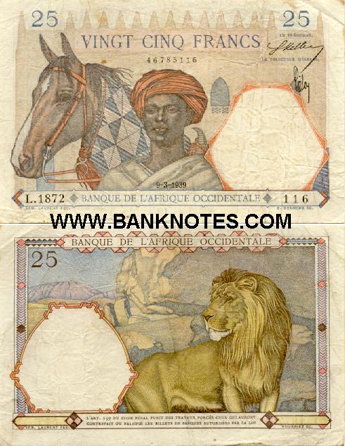 French West Africa 25 Francs 1939 (P.1810/45239729) (circulated) F-VF
