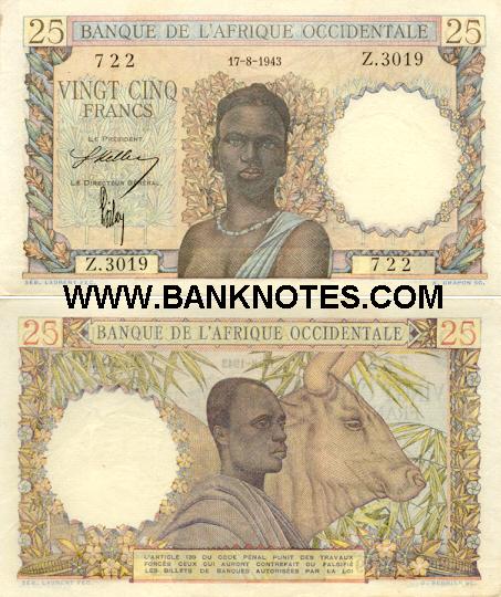 French West Africa 25 Francs 17.8.1943 (Z.3019/722) (circulated) VF-XF
