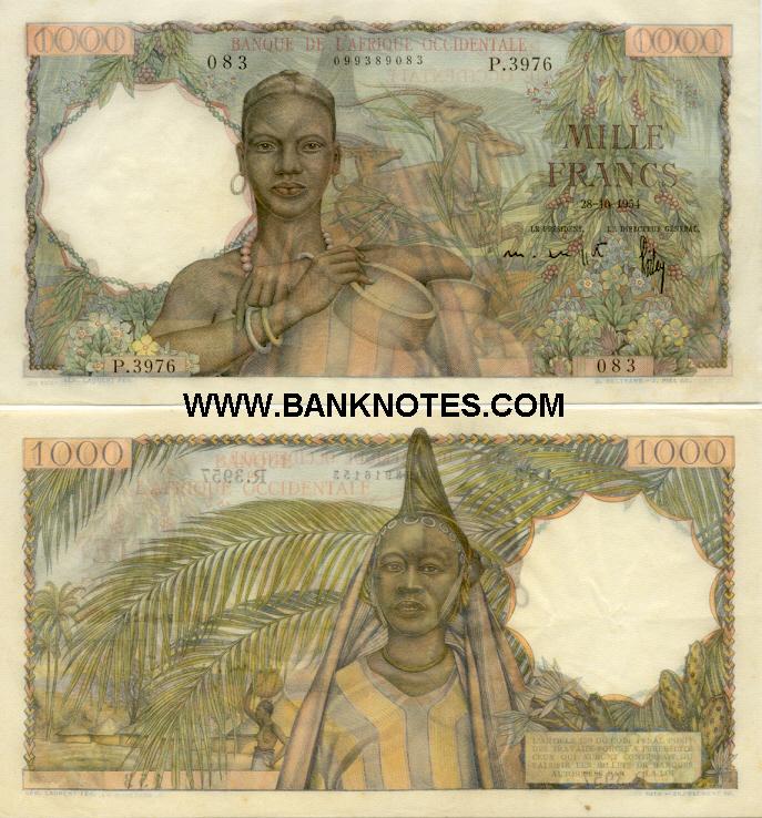 French West Africa 1000 Francs 28.10.1954 (P.3976/099389083) (lt. circulated) XF