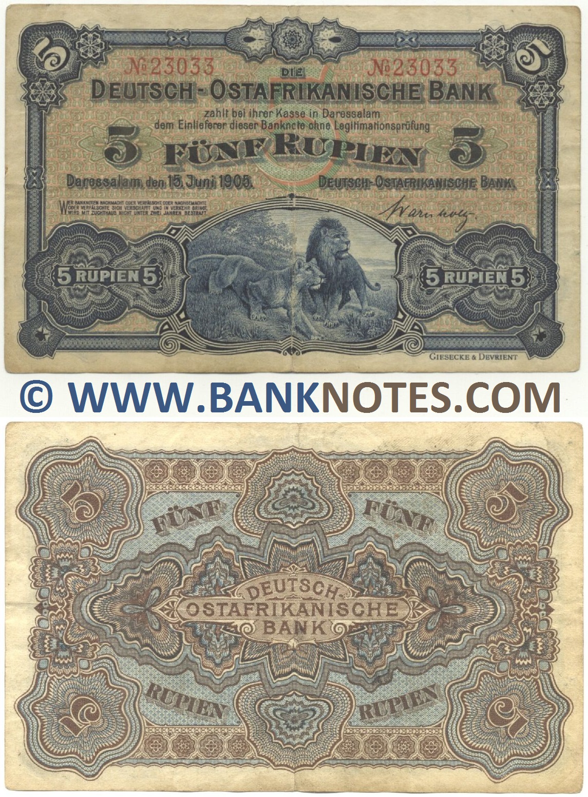 German East Africa 5 Rupien 15.6.1905 (Nº 23033) (circulated) VF