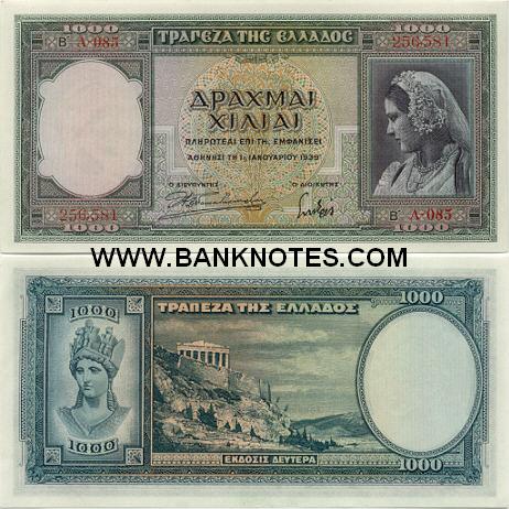 Greece 1000 Drachmai 1939 (A-089/062,830) (lt. circulated) XF