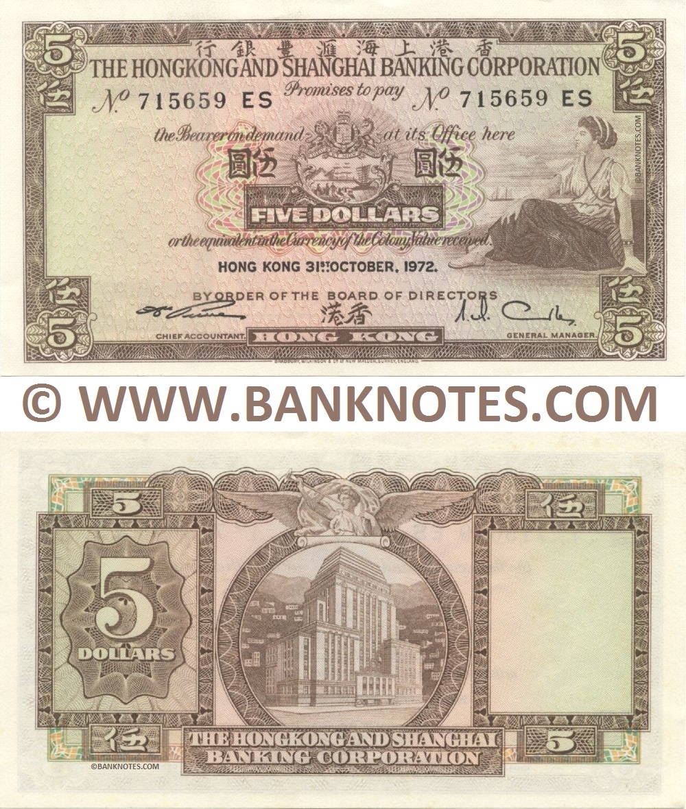 Hong Kong 5 Dollars 31.10.1972 (Nº 715659 ES) UNC–