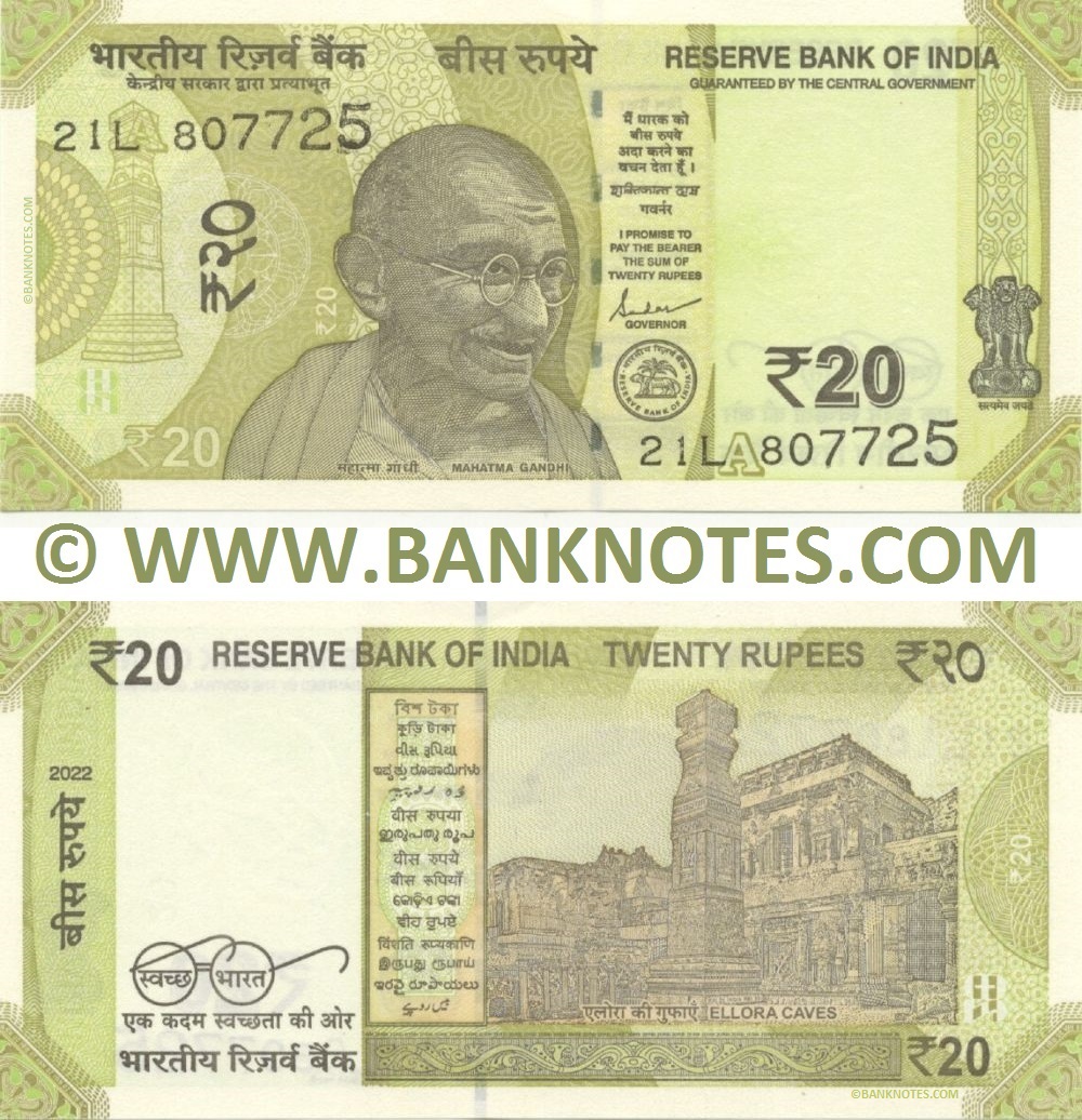 India 20 Rupees 2022 "A" (Sig: Das) (21L/8077xx) UNC