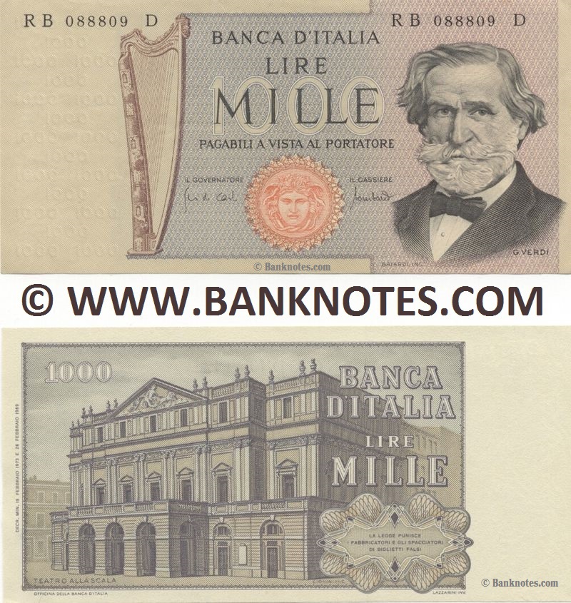 Italy 1000 Lire 5.8.1975 (BC 763340 M) (circulated) F-VF