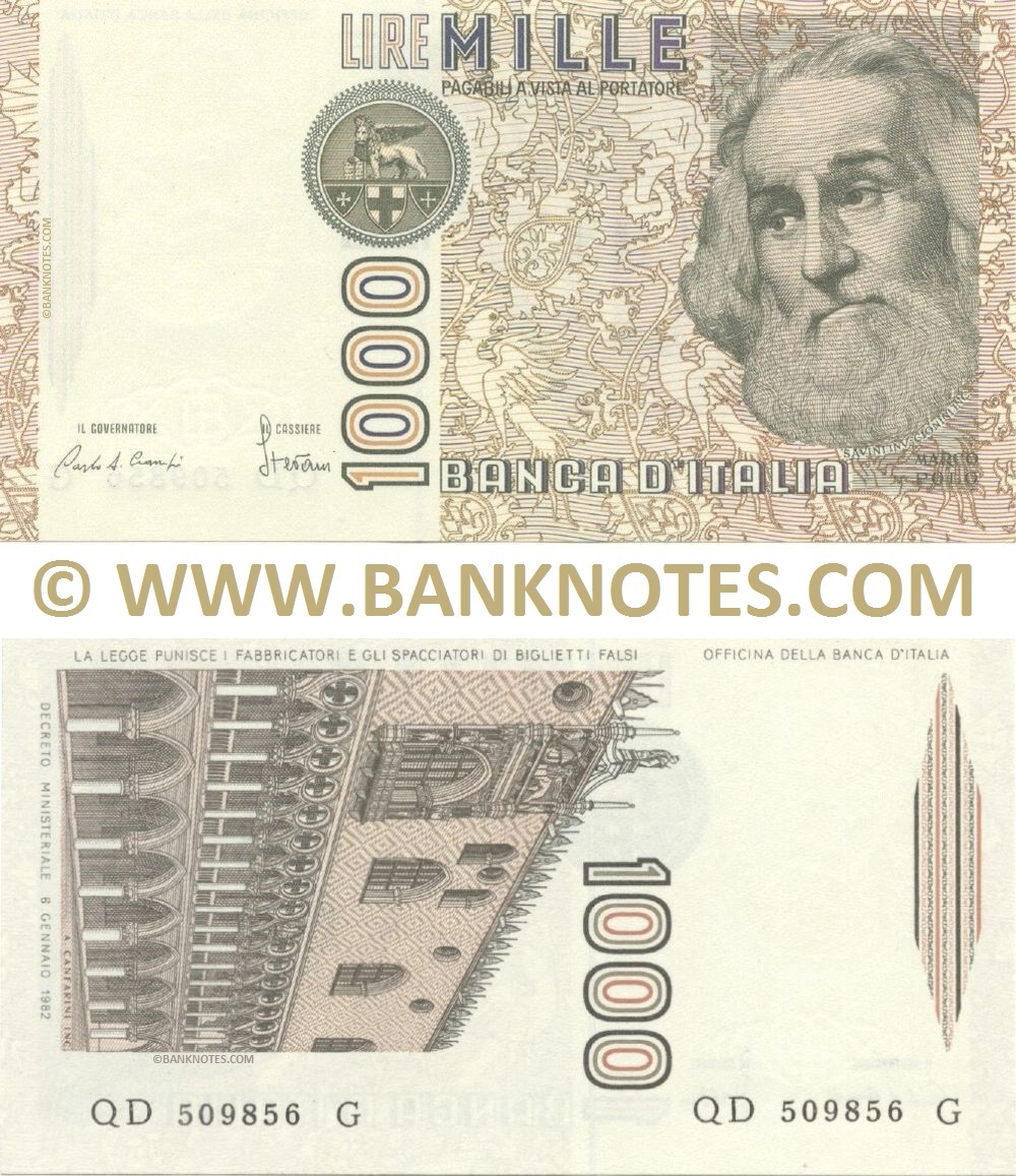 Italy 1000 Lire 6.1.1982 (Sig: Ciampi; Stevani) (QD 5098xx G) UNC