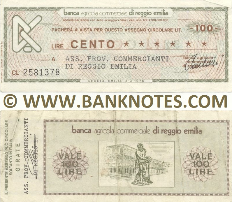 Italy Mini-Cheque 100 Lire 3.3.1976 (Banca Agr. C. di Reggio Emilia) (CL 2581378) (circulated) VF+