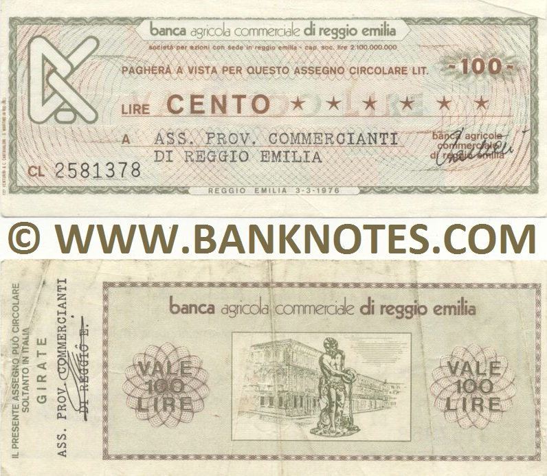 Italy Mini-Cheque 100 Lire 12.11.1976 (Banca Agr. C. di Reggio Emilia) (CL 5969575) (circulated) VF