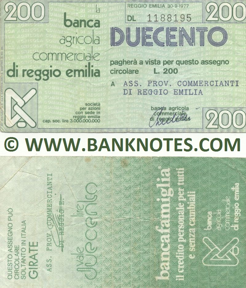Italy Mini-Cheque 200 Lire 3.10.1977 (Banca Agr. C. di Reggio Emilia) (DL 1384370) (circulated) F