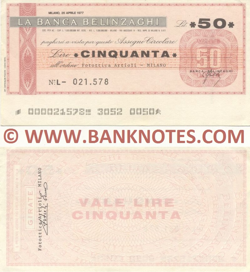 Italy Mini-Cheque 50 Lire 26.4.1977 (La Banca Belinzaghi, Milano) (Nº L- 021.578) (lt. circulated) XF-AU