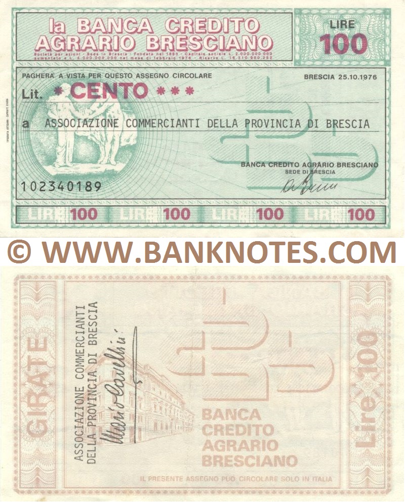 Italy Mini-Cheque 100 Lire 12.9.1977 (La Banca Credito Agrario Bresciano) (106419764) (circulated) F-VF