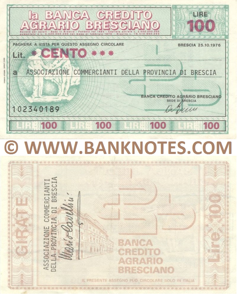 Italy Mini-Cheque 100 Lire 13.2.1978 (La Banca Credito Agrario Bresciano) (107557963) (circulated) F-VF