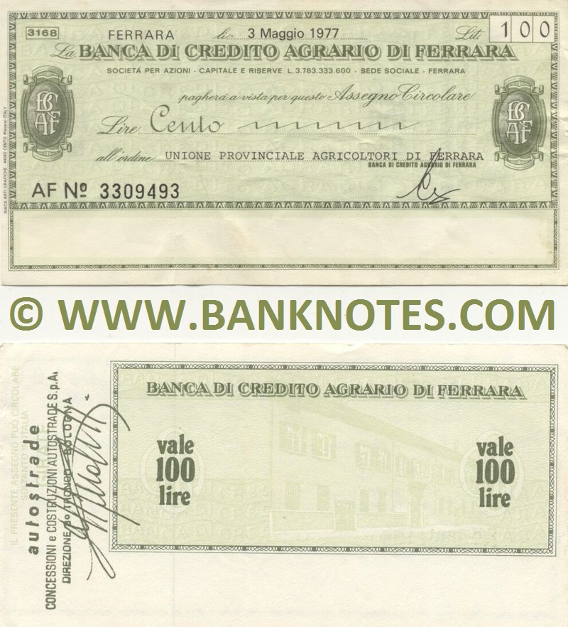 Italy Mini-Cheque 100 Lire 21.6.1977 (Banca di Credito Agr. di Ferrara) (AF Nº 6862156) (lt. circulated) XF-AU