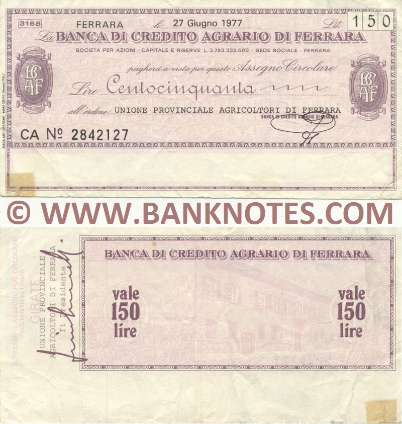 Italy Mini-Cheque 150 Lire 27.6.1977 (Banca di Credito Agr. di Ferrara) (CA Nº 2842127) (circulated) aVF