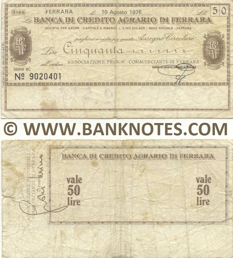 Italy Mini-Cheque 50 Lire 27.9.1976 (Banca di Credito Agr. di Ferrara) (Nº 9161410) (circulated) VG
