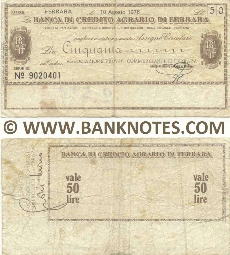 Italy Mini-Cheque 50 Lire 20.5.1977 (Banca di Credito Agr. di Ferrara) (GP Nº 3845765) (circulated) F