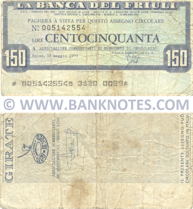 Italy Mini-Cheque 150 Lire 16.5.1977 (La Banca del Friuli, Udine) (Nº005142554) (circulated) VG-F