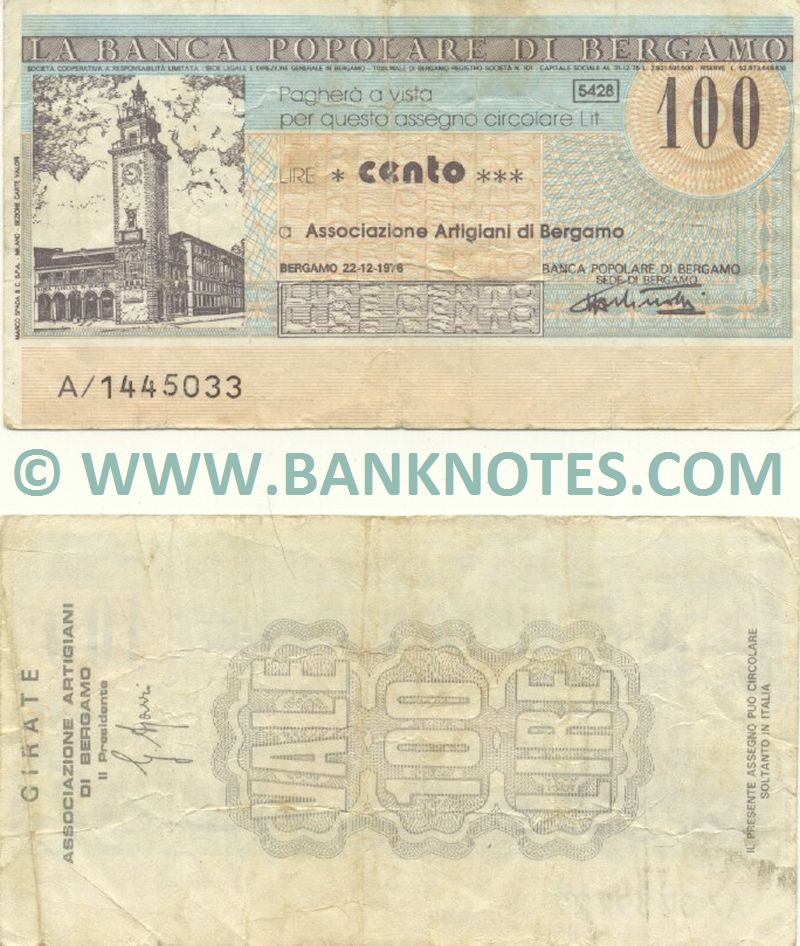 Italy Mini-Cheque 100 Lire 22.12.1976 (Banca Popolare di Bergamo) (A/1445033) (circulated) F-VF