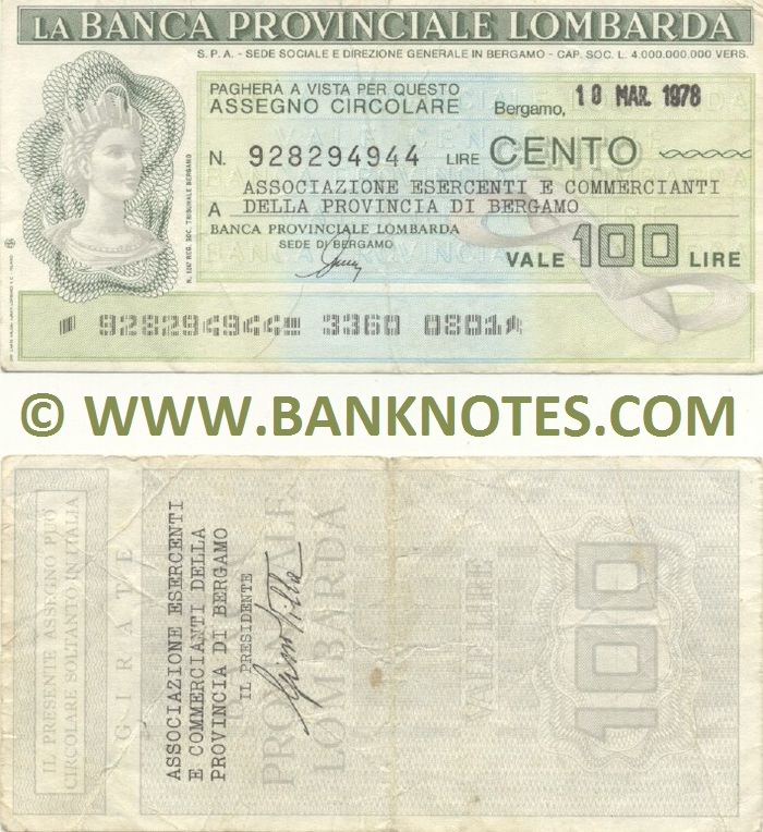Italy Mini-Cheque 100 Lire 10.12.1976 (La Banca Provinciale Lombarda) (911923954) (circulated) F
