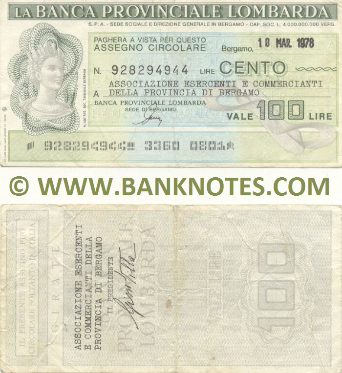 Italy Mini-Cheque 100 Lire 10.3.1978 (La Banca Provinciale Lombarda) (928294944) (circulated) VF